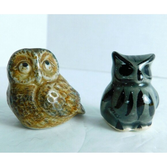 Lot of 2 Mini Owl Pottery Figurines 1.25" Tonala Mexico Hand Painted Gray Brown - Picture 2 of 11